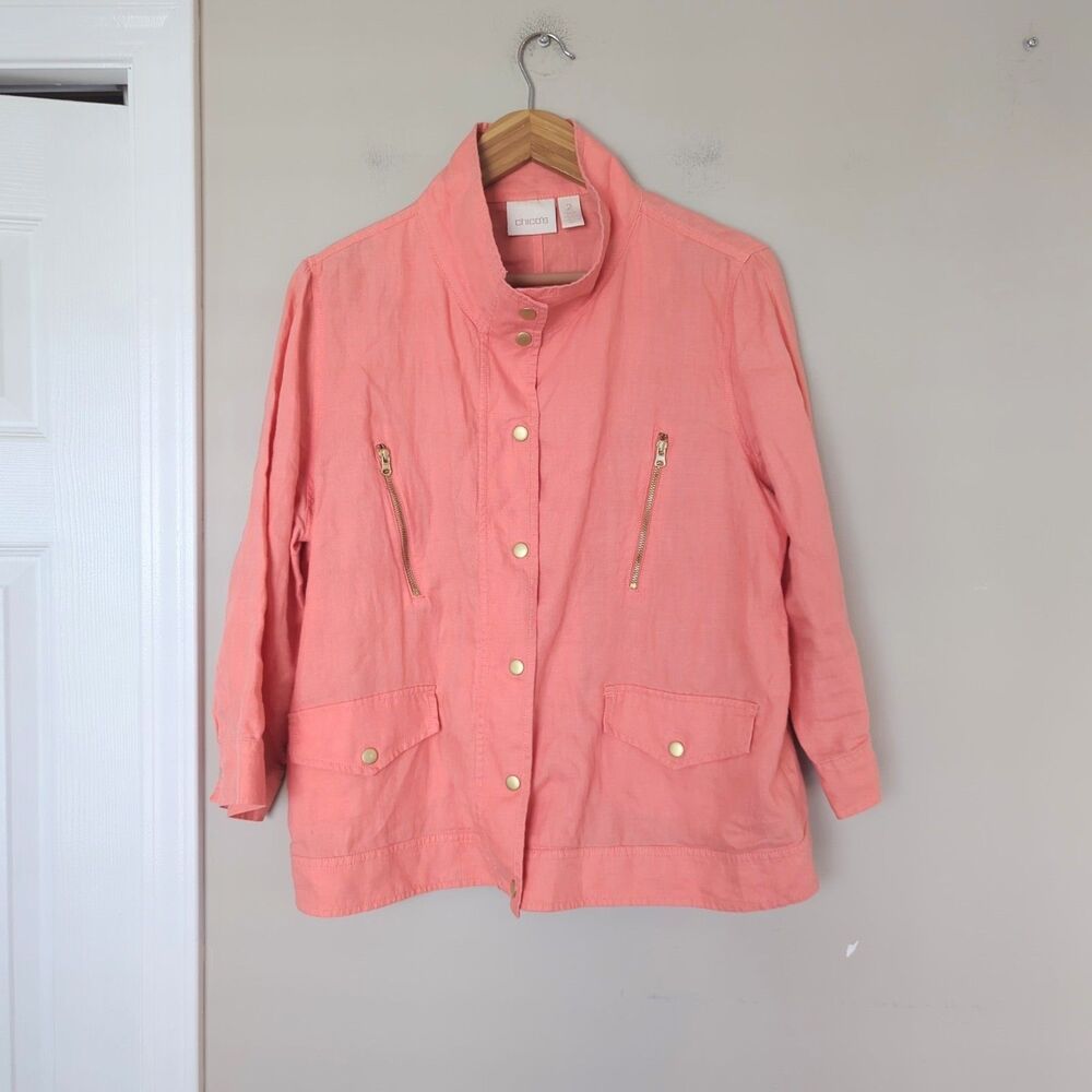 Chico's Salmon Pink 100% Linen High Neck Button Down Shirt Jacket Size 2/10